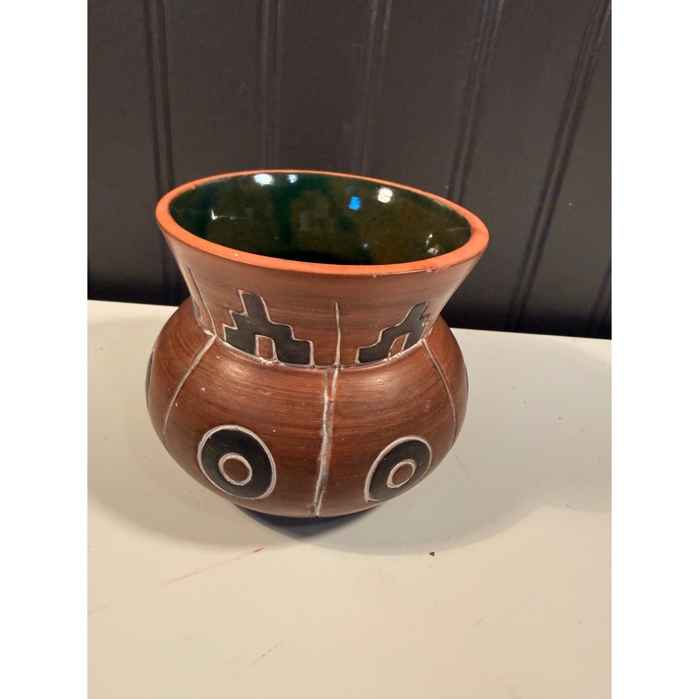Armando de Mexico Studio Pottery Vase Terracotta Geometric Etched Folk Art 4in v
